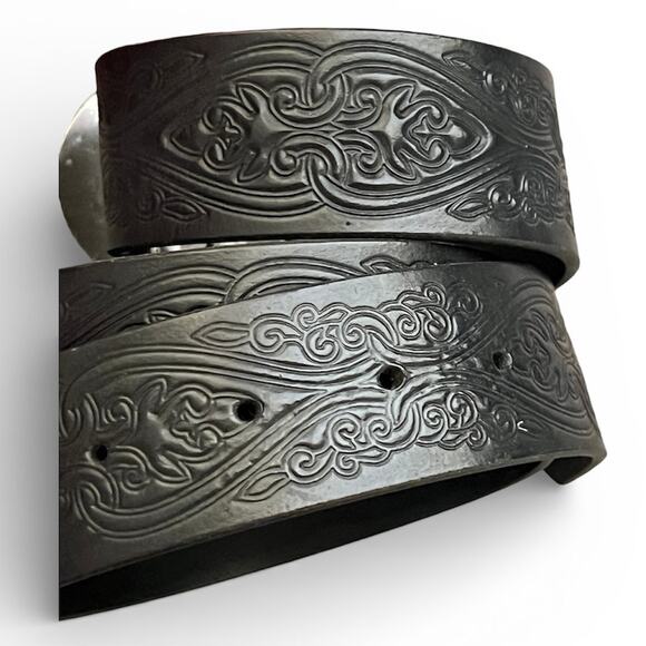 Vintage Y2K Genuine Black Bonded Leather Belt western boho cross cowboy festival - Picture 4 of 5